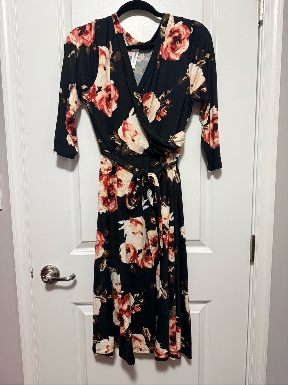Black Floral Faux-Wrap Midi Dress with Maroon and Cream Blooms